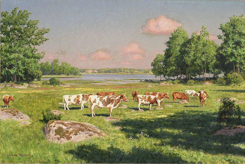 johan krouthen Sommarlandskap med betande boskap Norge oil painting art
